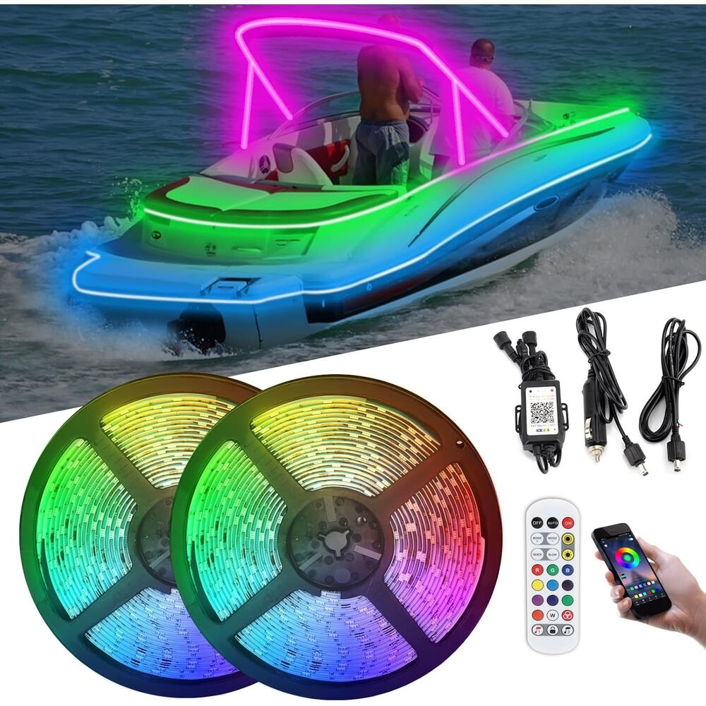 64 Color 55FT Marine LED Strip Lights, 12V IP67 Pontoon Lights for Boats-Remote